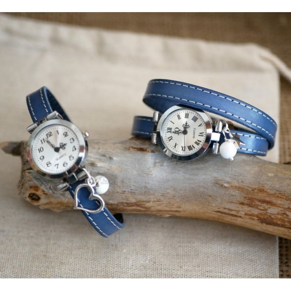 Montre bracelet cuir double tour bleu surpîqûres blanches