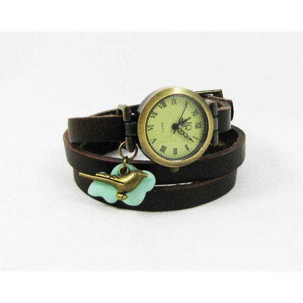 Montre bracelet cuir breloques Oiseau et Nuage