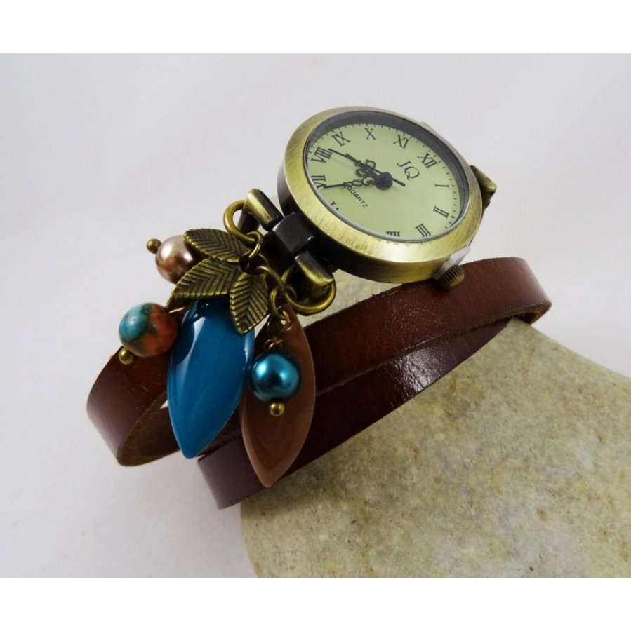 Montre bracelet cuir breloques Turquoise