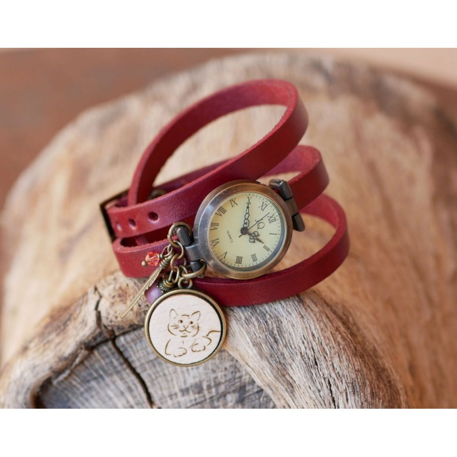 Montre bracelet cuir cabochon en bois à graver