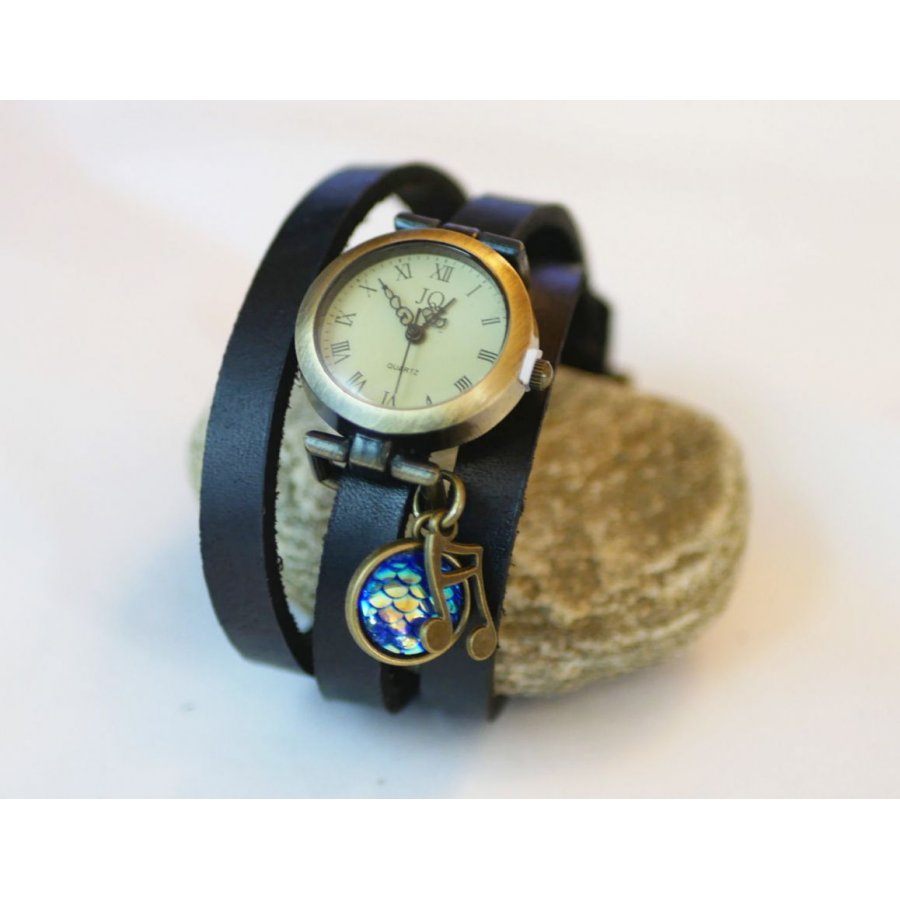 Montre bracelet cuir cabochon écailles bleues