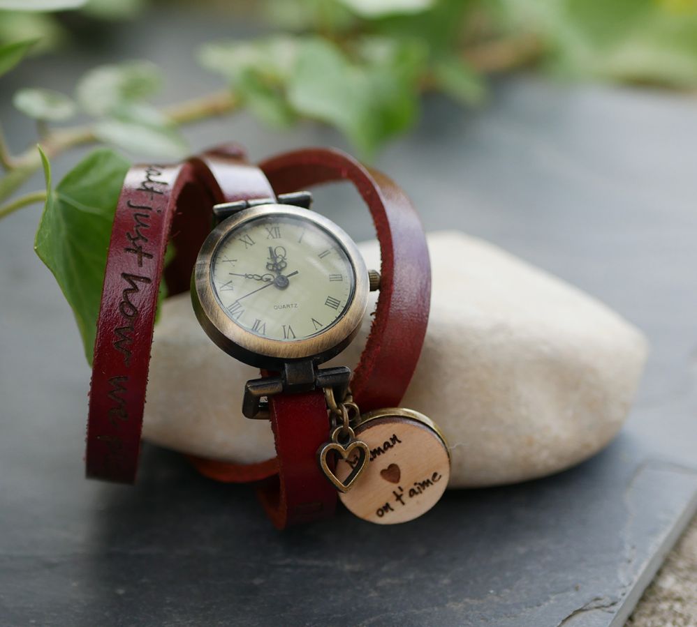 Montre bracelet cuir cabochon en bois à graver