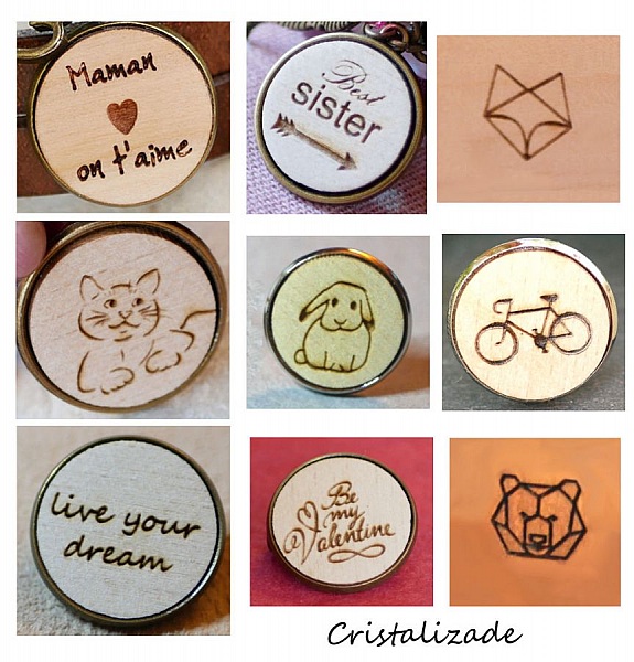 Montre argent bracelet cuir cabochon en bois &agrave; graver