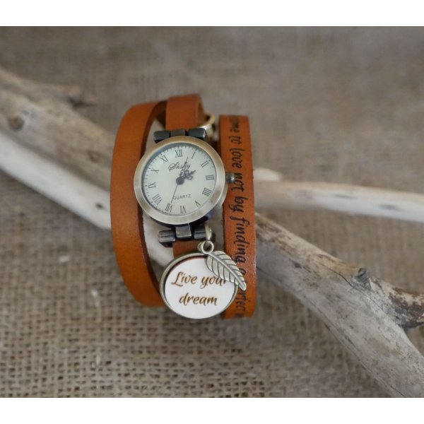 Montre bracelet cuir cabochon en bois &agrave; graver