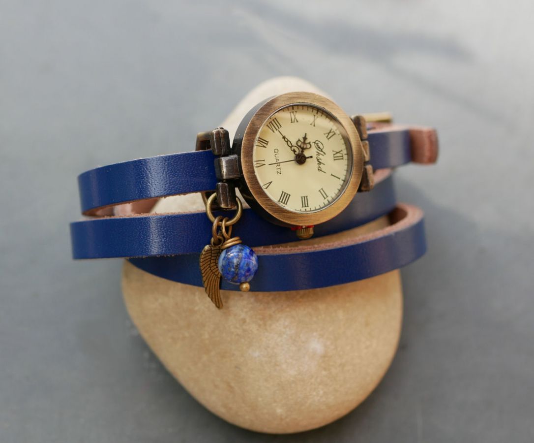 Montre bracelet cuir perle Lapis azuli