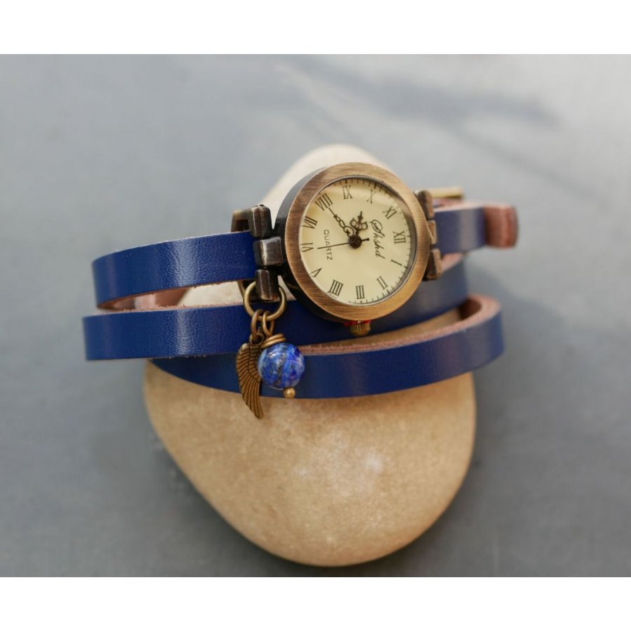 Montre bracelet cuir perle Lapis azuli