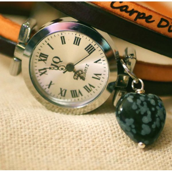 Montre bracelet cuir double au coeur en pierre d'obsidienne couleurs à personnaliser 