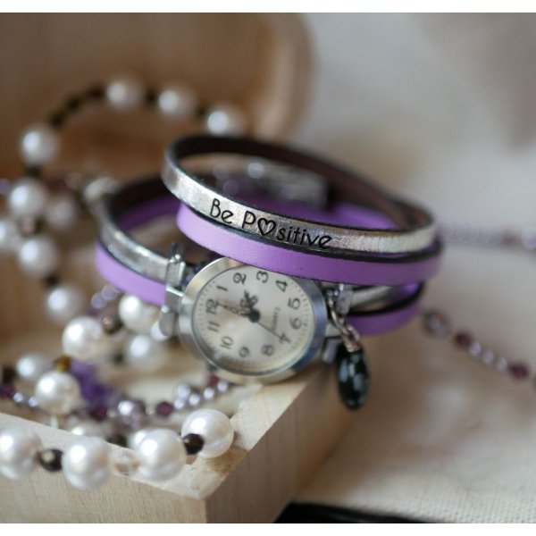 Montre bracelet cuir double au coeur en pierre d'obsidienne couleurs à personnaliser 