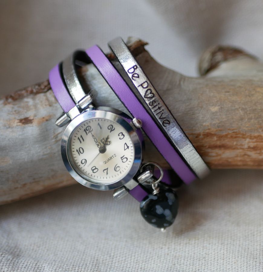 Montre bracelet cuir double au coeur en pierre d'obsidienne couleurs à personnaliser 