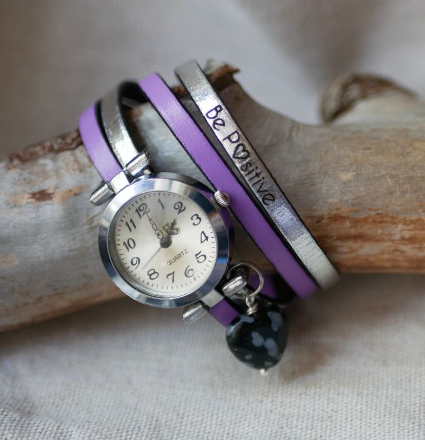 Montre bracelet cuir double au coeur en pierre d'obsidienne couleurs à personnaliser 