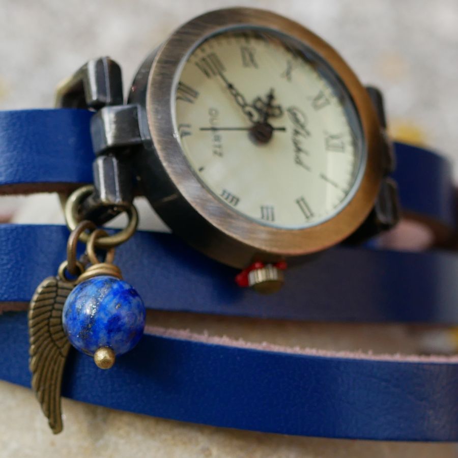 Montre bracelet cuir perle Lapis azuli