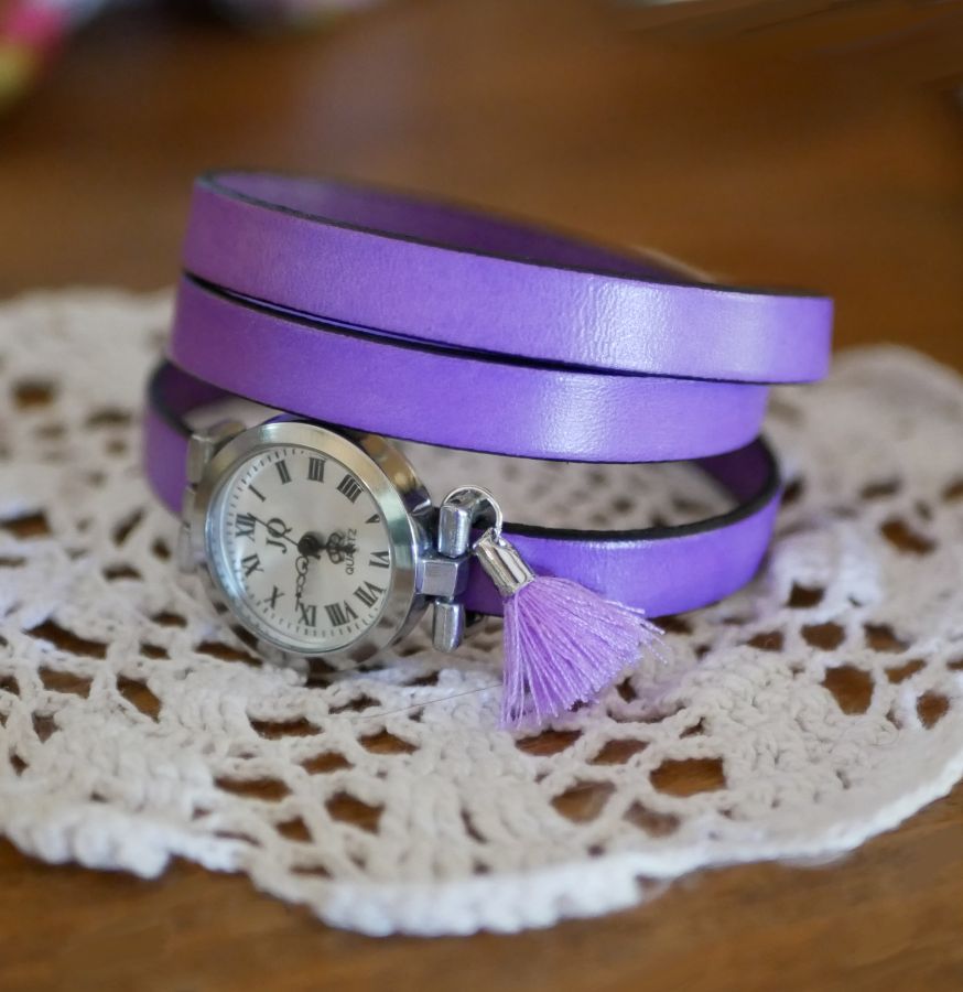 Montre bracelet en cuir Lilas 2 ou 3 tours avec pompon