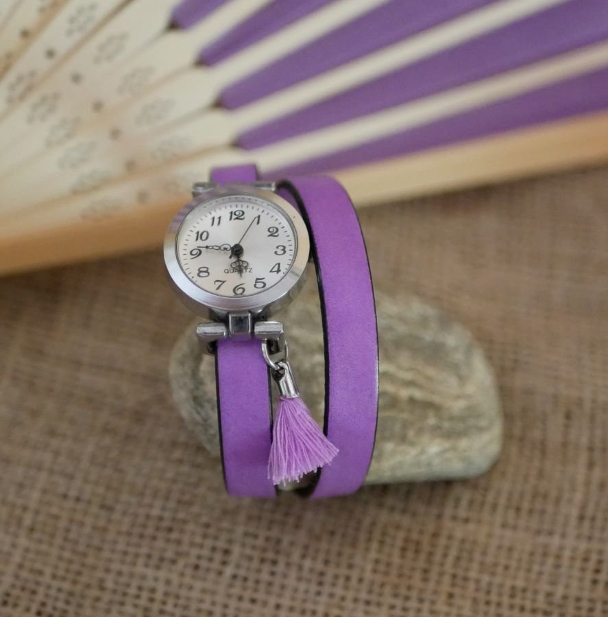 Montre bracelet en cuir Lilas 2 ou 3 tours avec pompon