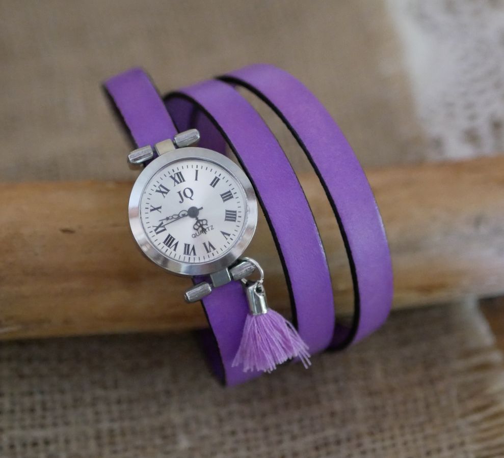 Montre bracelet en cuir Lilas 2 ou 3 tours avec pompon