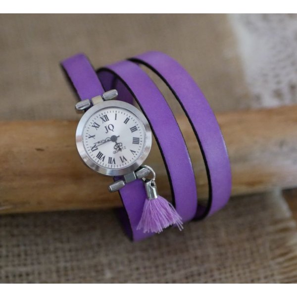 Montre bracelet en cuir Lilas 2 ou 3 tours avec pompon