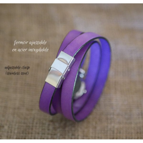Montre bracelet en cuir Lilas 2 ou 3 tours avec pompon