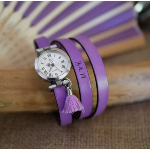 Montre bracelet en cuir Lilas 2 ou 3 tours avec pompon