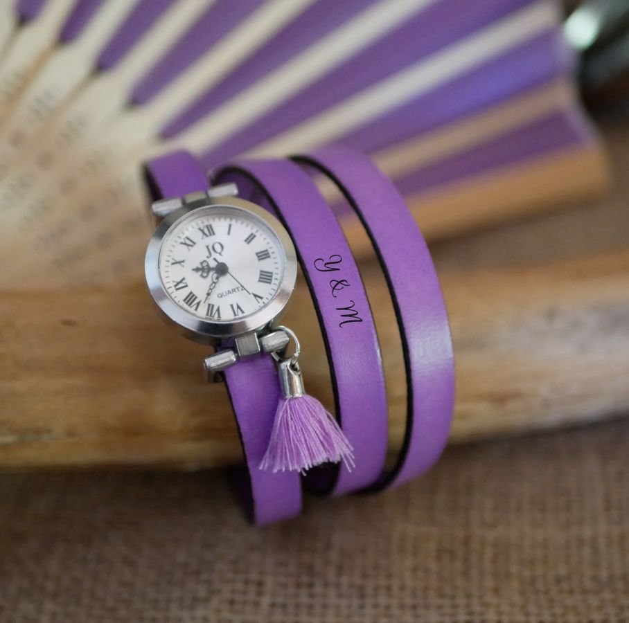 Montre bracelet en cuir Lilas 2 ou 3 tours avec pompon