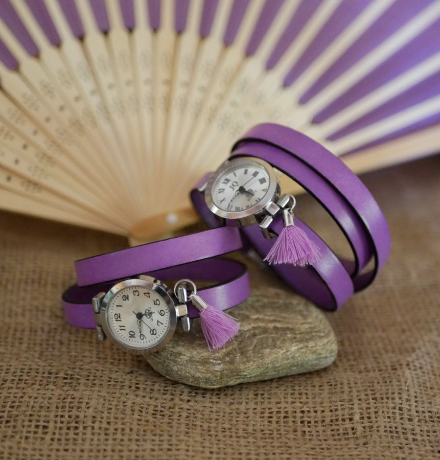 Montre bracelet en cuir Lilas 2 ou 3 tours avec pompon