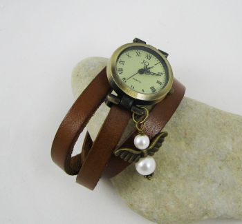 Montre bracelet cuir ange blancen perles