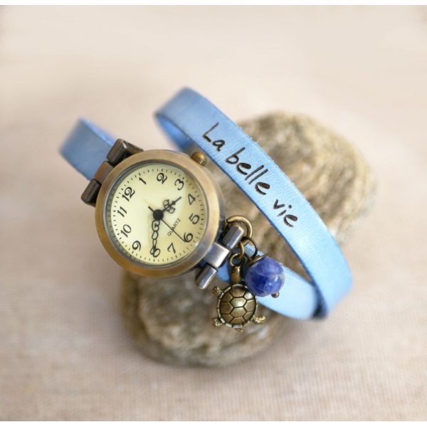 Montre bracelet en cuir 2 ou 3 tours avec perle et pendentif