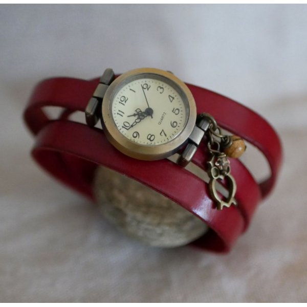 Montre bracelet en cuir 2 ou 3 tours avec perle et pendentif
