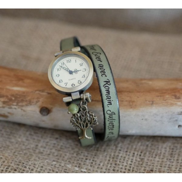 Montre bracelet en cuir 2 ou 3 tours avec perle et pendentif