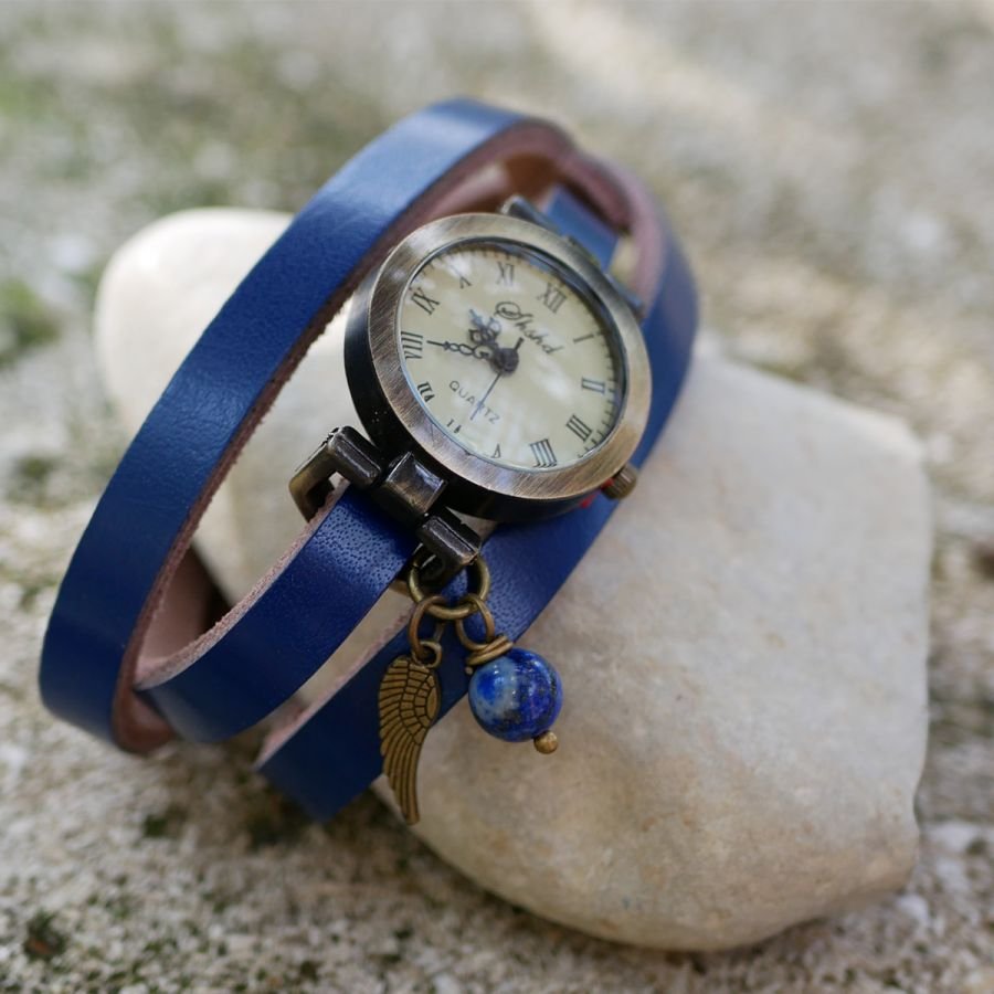 Montre bracelet cuir perle Lapis azuli