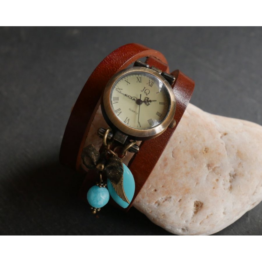 Montre bracelet cuir 3 tours pendentifs Turquoise