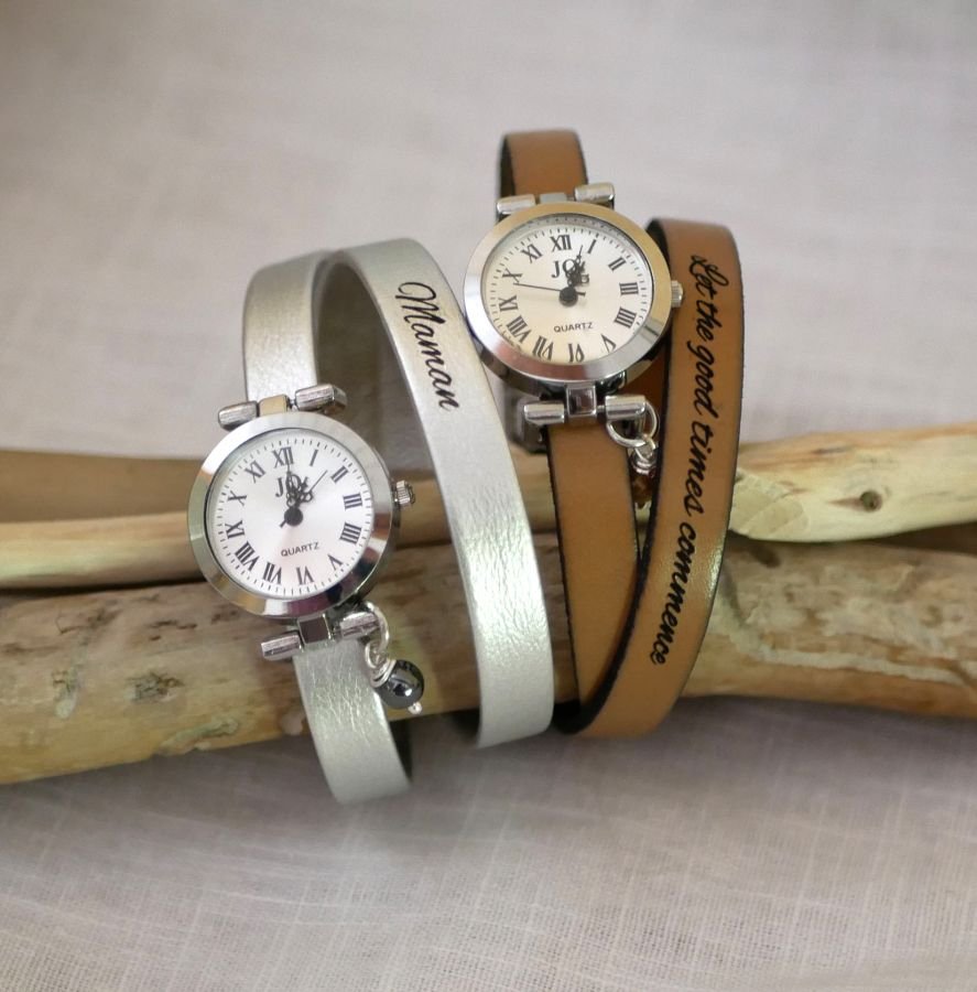 Montre bracelet cuir 2 tours personnalisable au cadran argenté