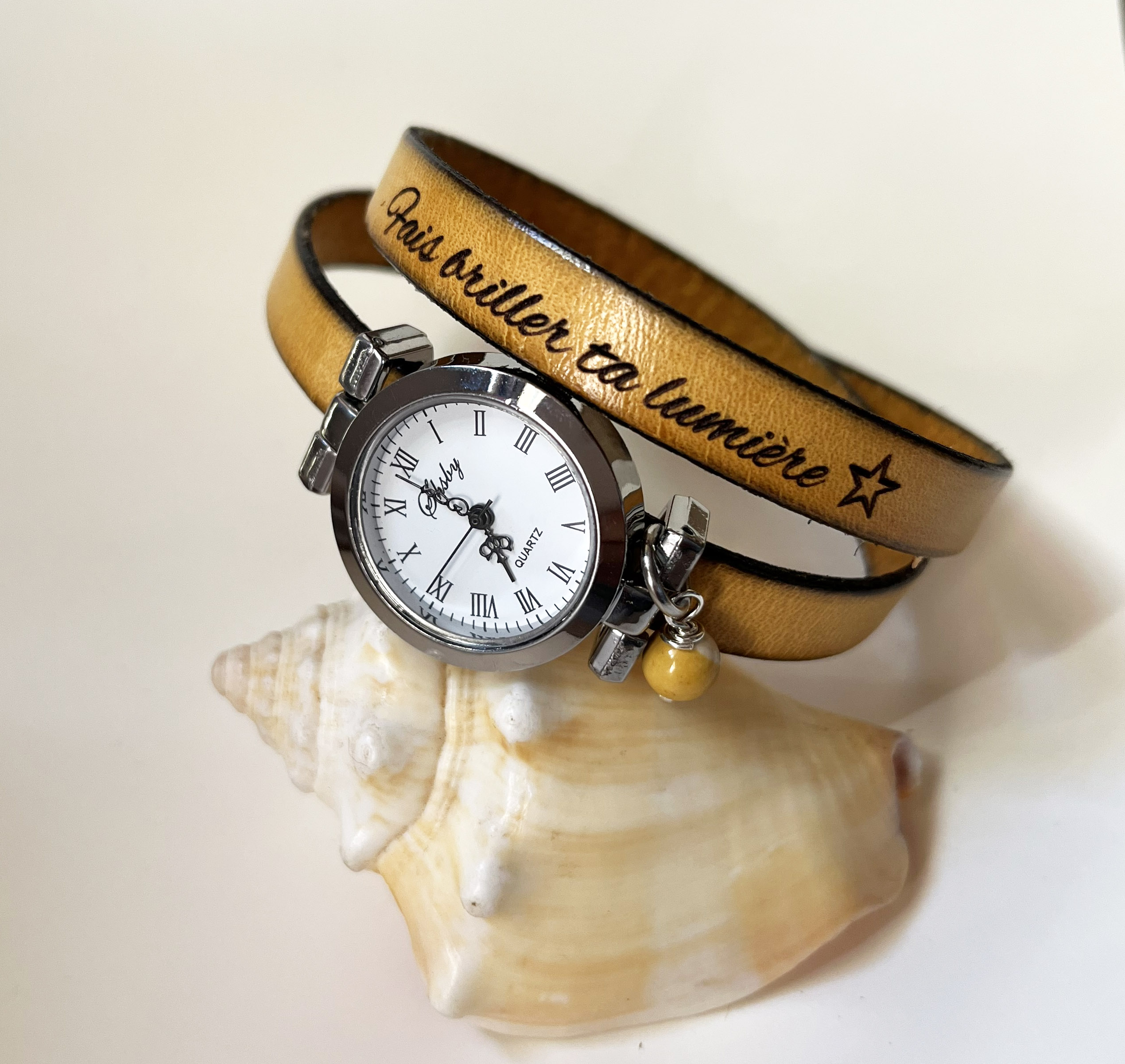 Montre bracelet cuir 2 tours personnalisable au cadran argent&eacute;