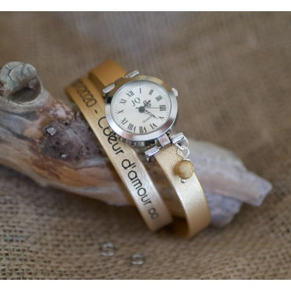 Montre bracelet cuir 2 tours personnalisable au cadran argenté