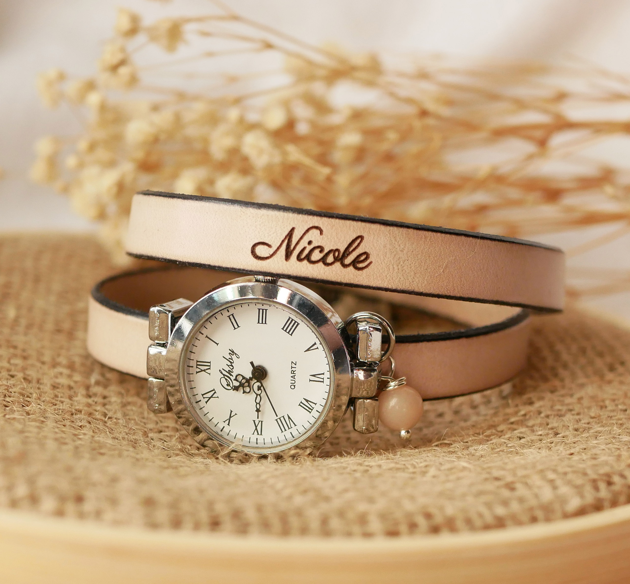 Montre bracelet cuir 2 tours personnalisable au cadran argenté