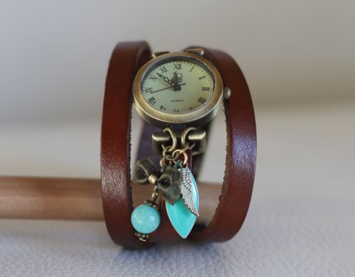 Montre bracelet cuir 3 tours pendentifs Turquoise