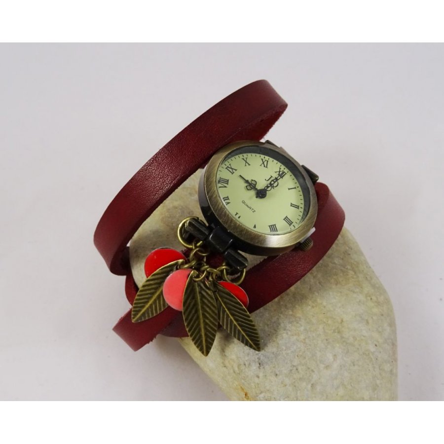 Montre bracelet cuir 3 tours Sequins et feuilles rouges