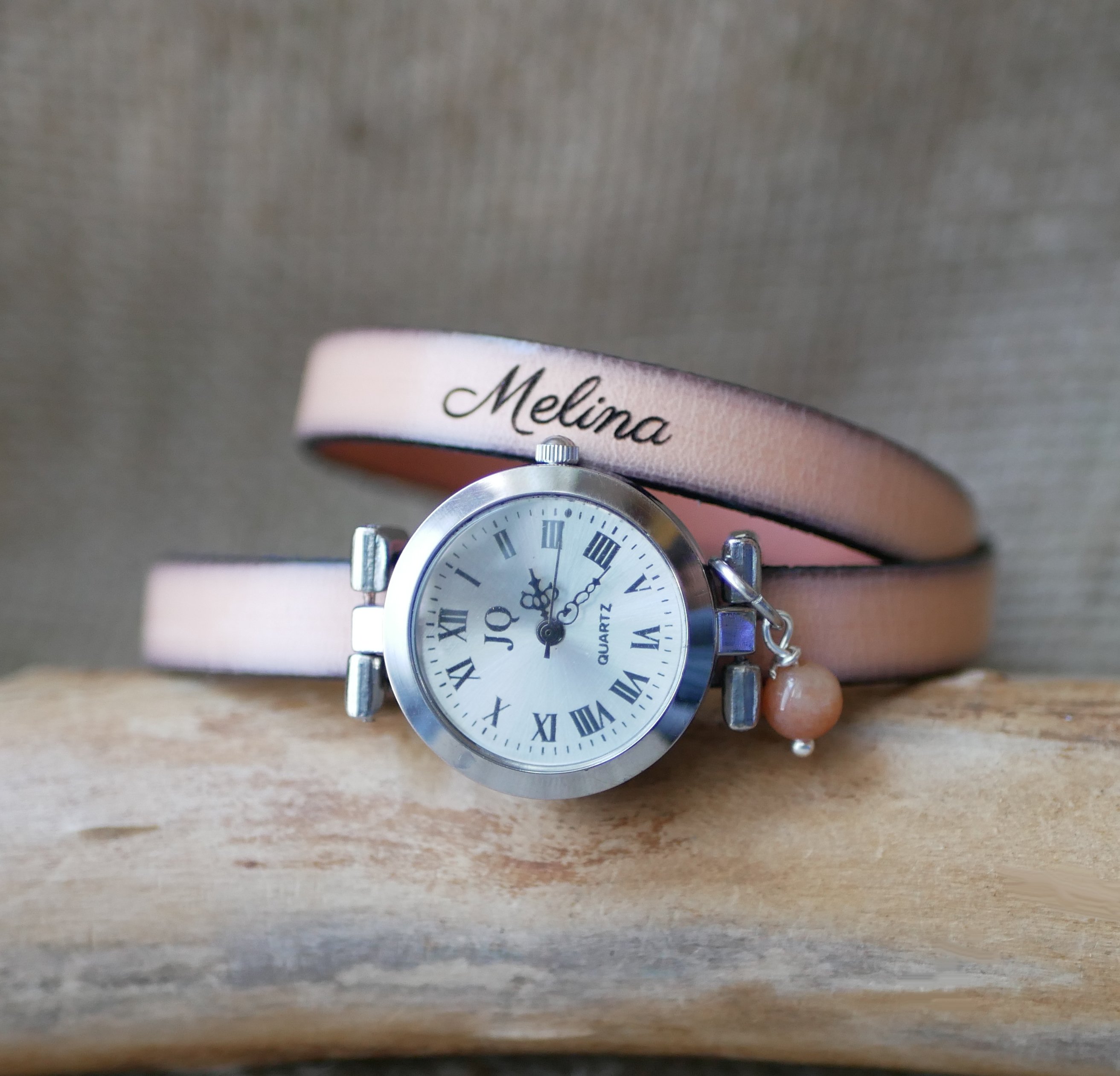 Montre bracelet cuir 2 tours personnalisable au cadran argenté
