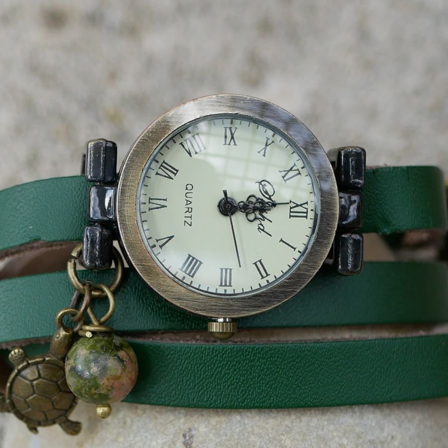 Montre bracelet cuir vert perle Unakite et tortue