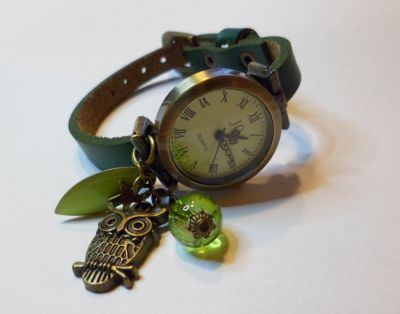 Montre bracelet cuir vert Chouette et sequin