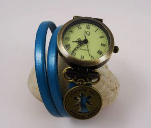 Montre bracelet double cuir turquoise décor ange