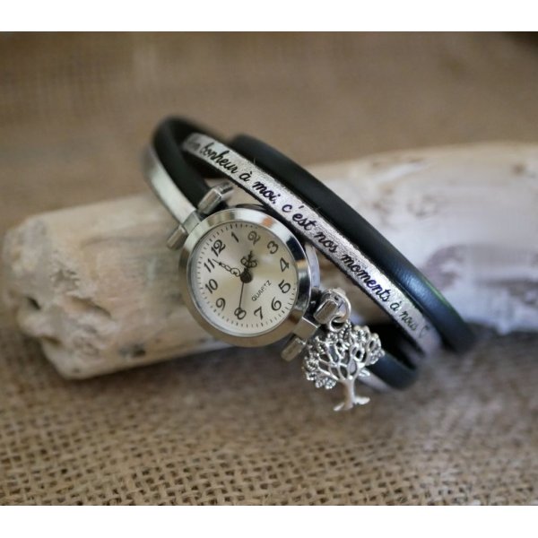 Montre bracelet double cuir cadran argenté couleur au choix à personnaliser 