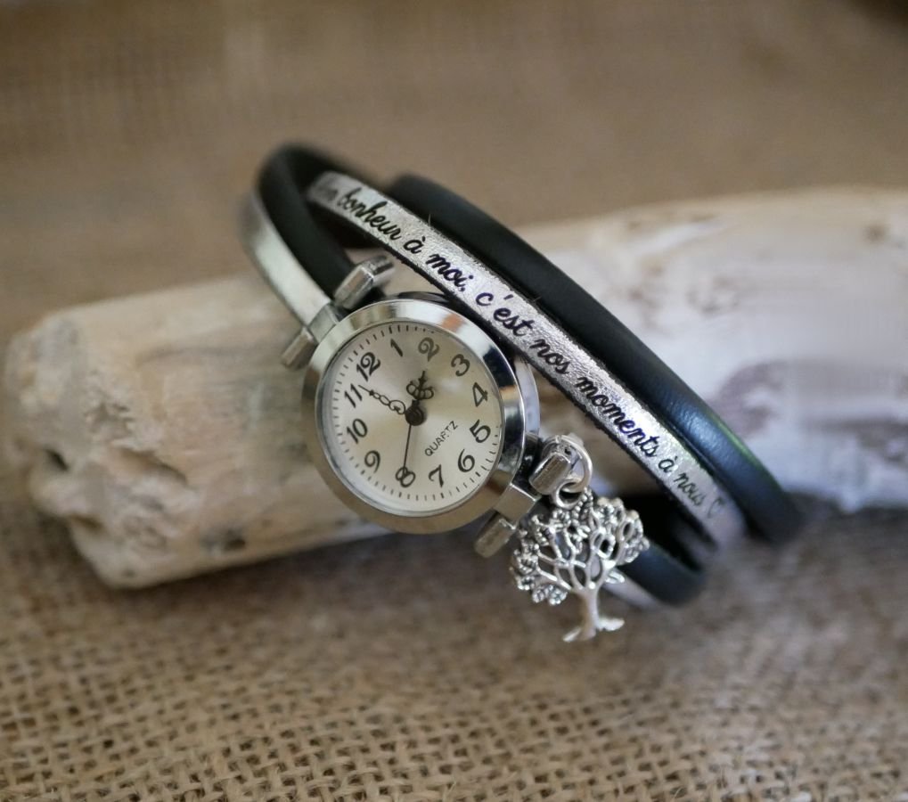 Montre bracelet double cuir cadran argenté couleur au choix à personnaliser 