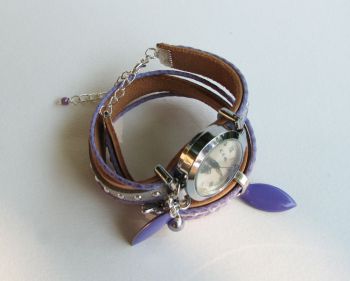 Montre bracelet double cuir argenté et lilas