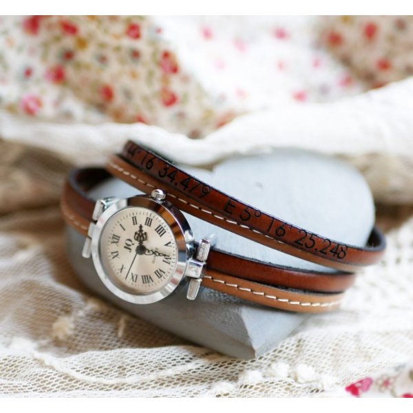 Montre bracelet double cuir surpiqûres couleur au choix à personnaliser 