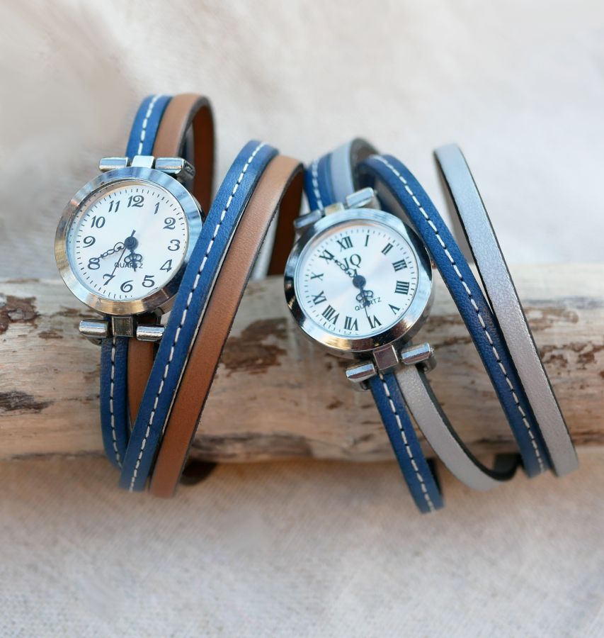 Montre bracelet double cuir surpiqûres Bleu et seconde couleur au choix à personnaliser 