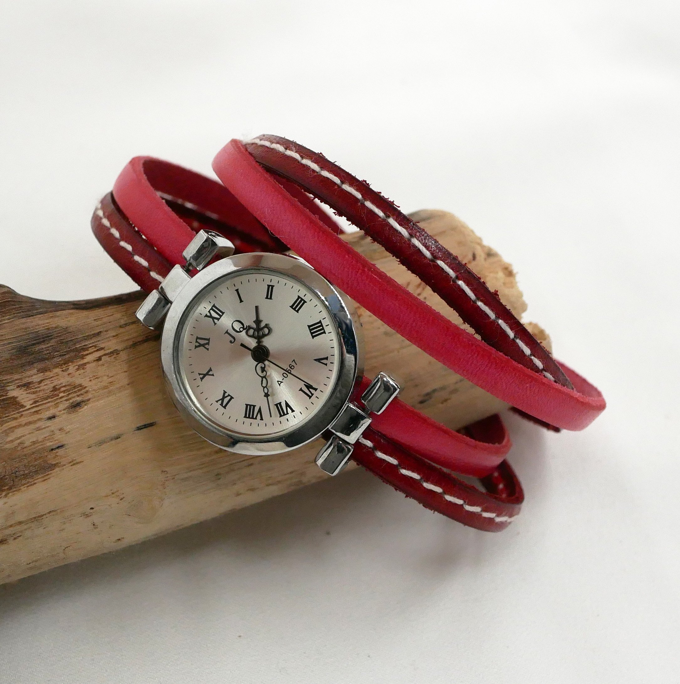 Montre bracelet double cuir Rouge aux surpiqûres 