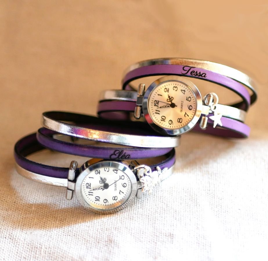 Montre bracelet double cuir cadran argenté couleur au choix à personnaliser 