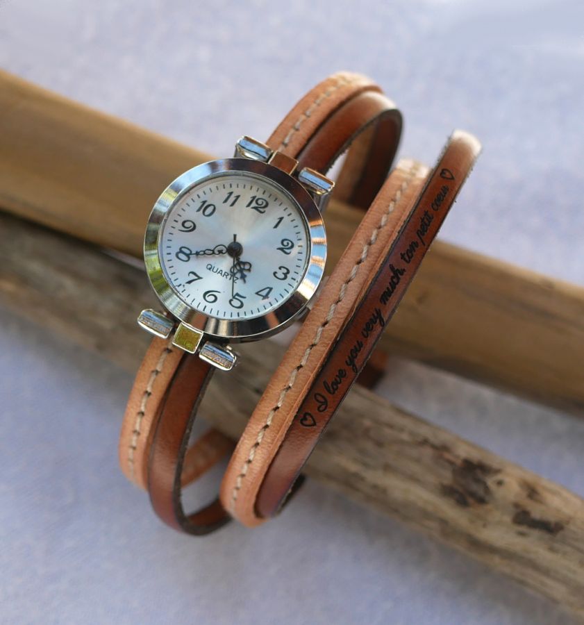 Montre bracelet double cuir surpiqûres Naturel et seconde couleur au choix à personnaliser 