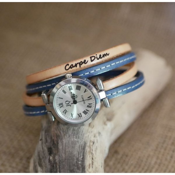 Montre bracelet double cuir surpiqûres Bleu et seconde couleur au choix à personnaliser 