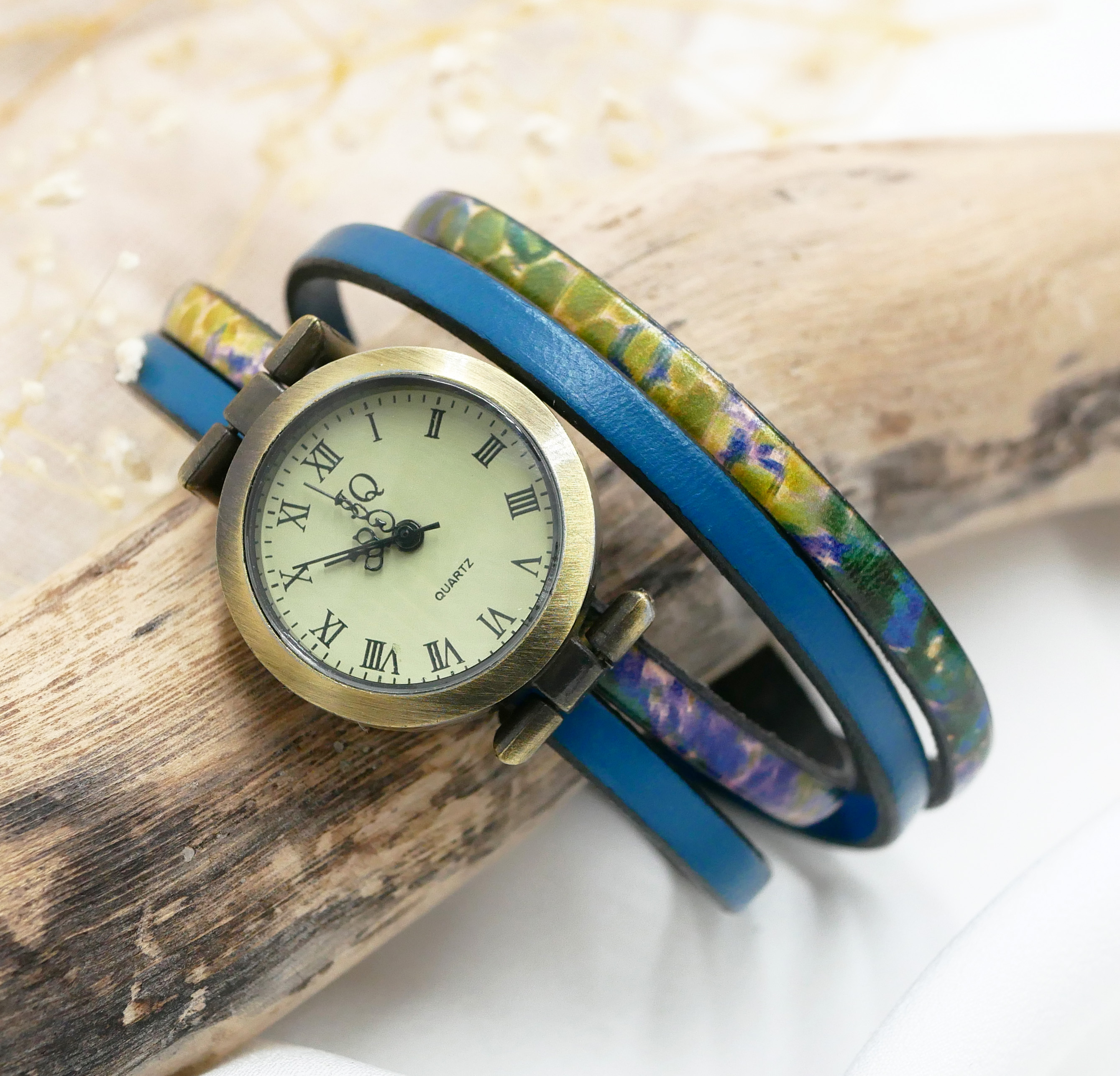 Montre bracelet double cuir imprimé impressionniste et couleur au choix à personnaliser 