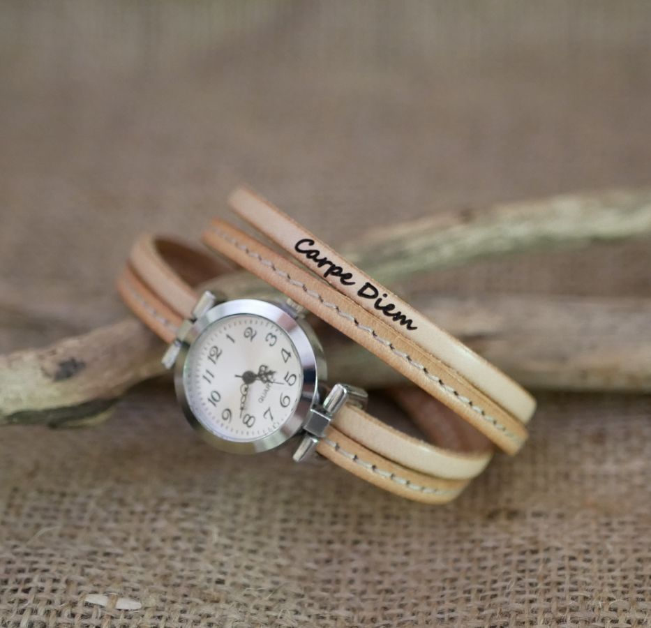 Montre bracelet double cuir surpiqûres Naturel et seconde couleur au choix à personnaliser 